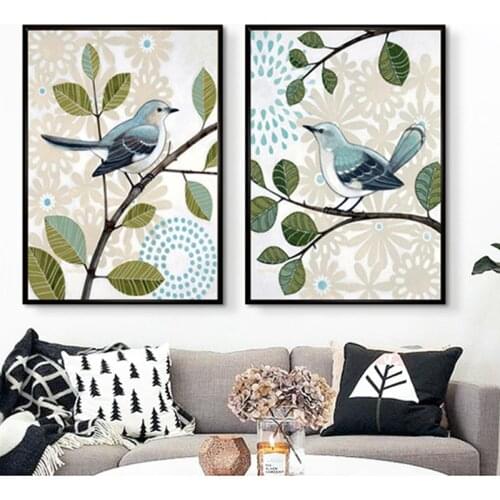 Abstract Flower Green Leaves Lovely Blue Birds Animal Print Canvas Painting Pastoral Poster Wall Art Pictures Bedroom Home Decor