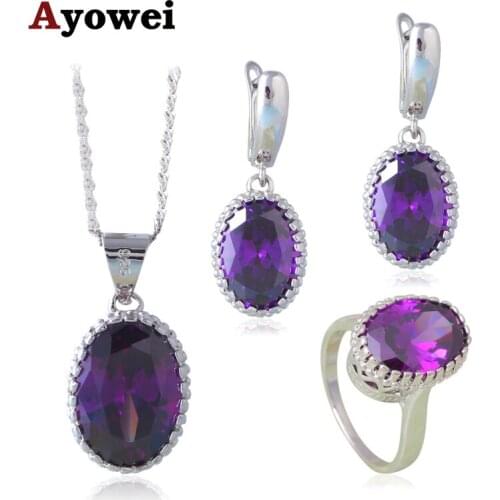 Ayowei Elegant Fashion Jewelry Sets for Women Silver Stamped CZ Earrings Necklace Ring Sz #6#7#8#9#10 JS645A