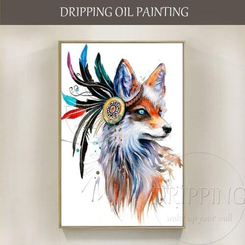 Free Shipping High Quality Hand-painted Fox Oil Painting on Canvas Beautiful Fox with Headdress Oil Painting for Living Room