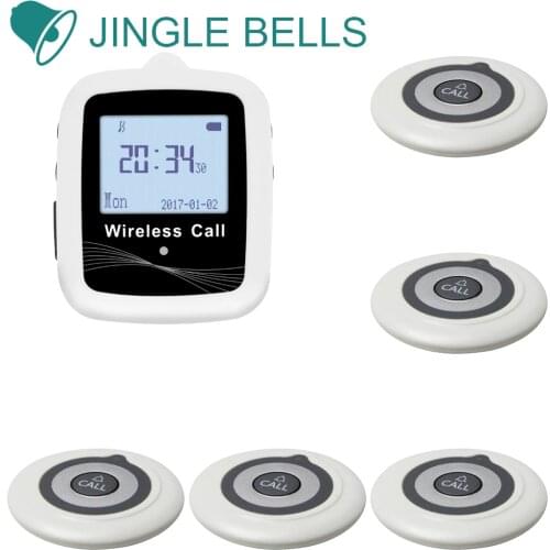 JINGLE BELLS Wireless Restaurant Guest Calling System 5 Calling Buttons 1 Belt Watch Receiver for cafe, bar Call Bell