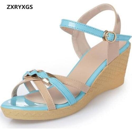 2019 New Open Toe Spell Colors Women Summer Sandals Elegant Comfortable Cow Leather Shoes Woman Wedges Sandals Fashion Sandals