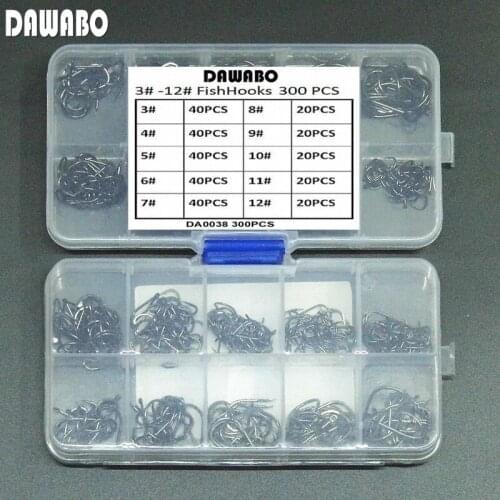 DAWABO 300Pcs/lot boxed fishhook #3-#12 High carbon steel HOOK black color Jig Big Hook Corrosion Fishing Hooks Fishing Tackle