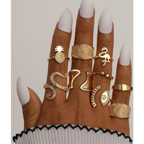 EN 9 Pcs/set Fashion Retro Bird Metal Rings Octopus Pineapple Geometry Ring Set Women Bohemian Charm Jewelry Accessories