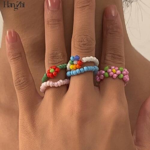 HangZhi 2021 New Korean Cute Colorful Flowers Handmade Beaded Minimalist Rings for Women Girls Summer Party Jewelry Gifts