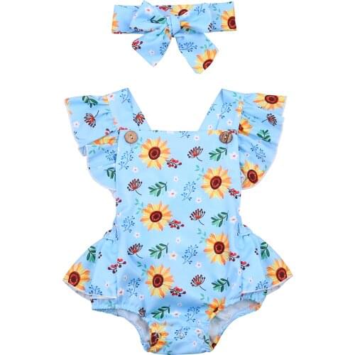 2021 Summer Baby Girls Clothes Rompers Sunflowers Print Ruffles Short Sleeve Backless Jumpsuits Headband 0-24M