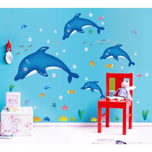 Cartoon Dolphin Wall Stickers Girls Kids Bedroom Wall Decor Self Adhesive Background PVC Wall Stickers Living Room Home Decor