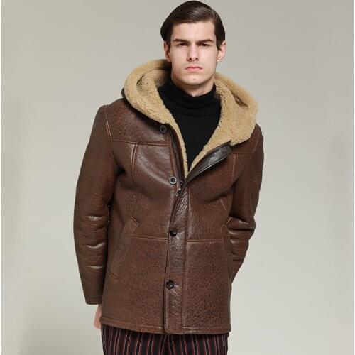 SANI 100% Real Sheepskin Fur Coat Genuine Leather Male Formal Winter Hood Jacket Black Zipper Warm Men Fur Outwear Big Size 6XL