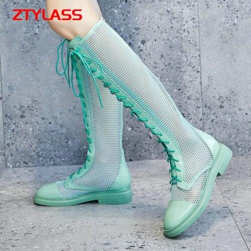 2021 New Women Boots Summer Sexy Hollow Mesh Boots Fashion Cross Tied Knee High Boots Patent Leather Zipper Spring Shoes Woman