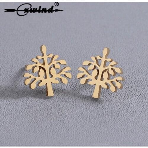 Cxwind New Gold Color Tree Shape Design Stud Earring Jewelry for Women Stainless Steel Tree Pattern Stud Earrings 2018 Jewelry