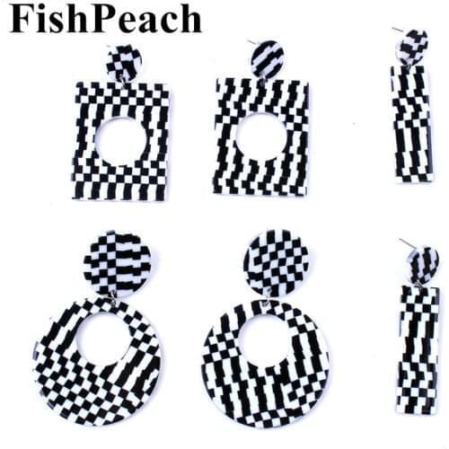 New Big Geometric Black White Striped Acrylic Dangle Earrings For Women StatementRound Circle Square Long Drop Earrings Jewelry