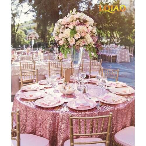 Wholesale Pink Gold-330cm Round Sequin Tablecloth 132 inch Round Glitter Table Cloth Linen For Wedding/Party/Banquet Decoration