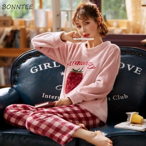 Pajama Sets Women Autumn Winter 2 Pieces Thicken Coral Fleece Warm Cute Printed Sleepwear Korean Style Homewear Lounge Wear Chic