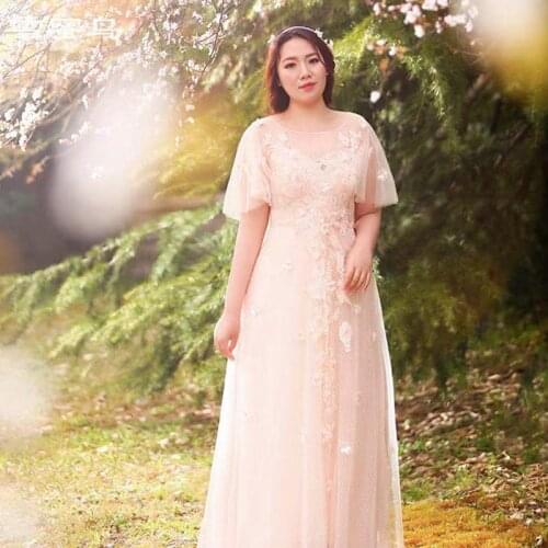 Sequins Embroidery O-Neck A-Line Evening Dress Short Sleeves Lace Up Floor-Length Appliques Plus Size Women Formal Gowns D802