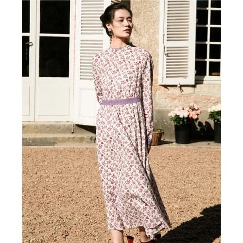 INMAN Spring Autumn Vintage Floral Long Sleeve One Pices Holiday Retro Style Flower Pattern Stand Collar Women A Line Dress