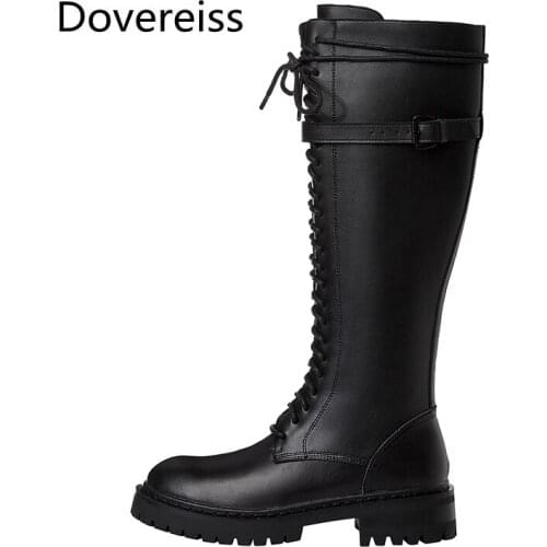 Dovereiss Fashion Womens Shoes Winter Sexy Elegant sexy cowhide Concise Cross tied Mature Round toe Knee high boots 34-41