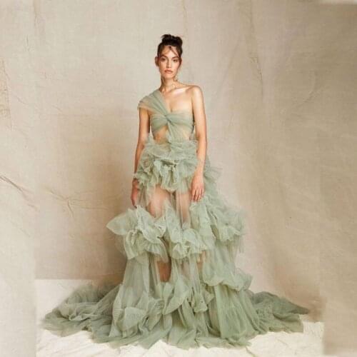 Sexy See Through One Shoulder Prom Dresses Ruched Tulle Evening Gowns For Photograph Robe De Soiree Cheap Formal Party Dress