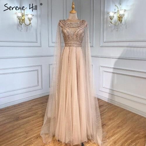 Serene Hill Gold Cape Sleeves A-Line Evening Dresses Gowns 2021 Luxury Beaded For Women Party LA71315