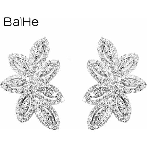 BAIHE Solid 14K White Gold 0.68ct H/SI Natural Diamonds Wedding Party Trendy Fine Jewelry Delicate leaves Stud Earrings Women