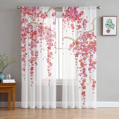 Red Flowers Leaves Branch Plant Tulle Window Treatment Sheer Curtains for Kitchen Living Room the Bedroom Curtains Decoration