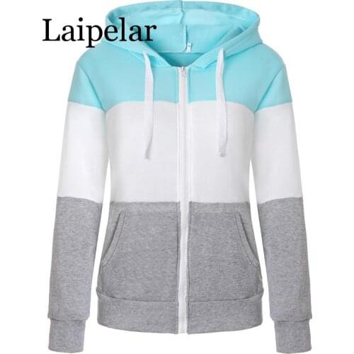 2020 Women Sweatshirts Autumn Winter Hoodies Long Sleeve Hoody Ladies Zipper Pocket Patchwork Hooded Sweatshirt Female Outwear