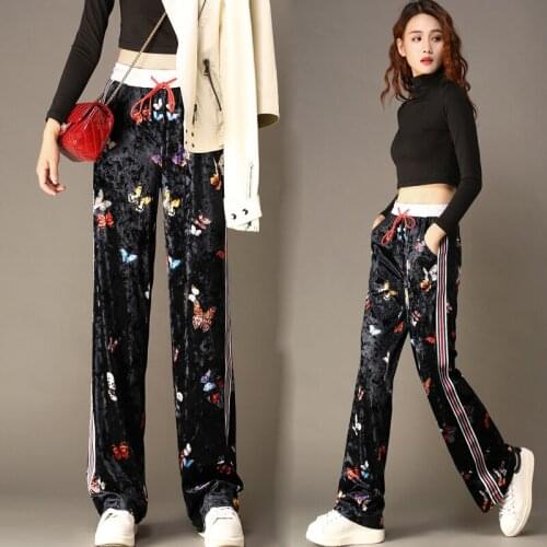 Spring woman gold Velvet elastic waist casual pants Side stripe pants trousers straight trousers Slim Print Straight pants