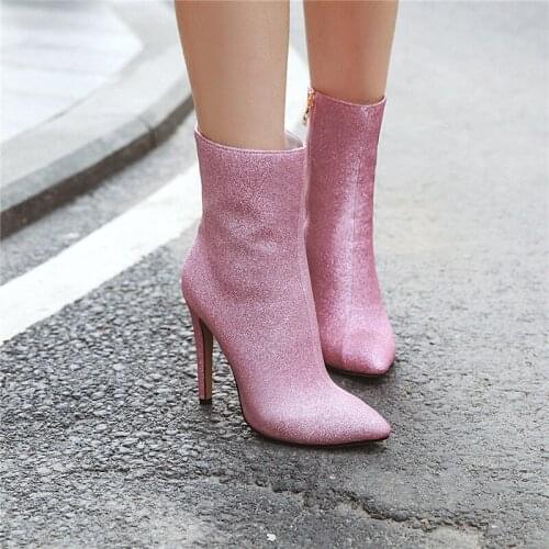 YMECHIC Fashion Sexy High Heels Womens Boots Pointed Toe Yellow White Bling Material Stiletto Ankle Boots Winter Bootie Woman