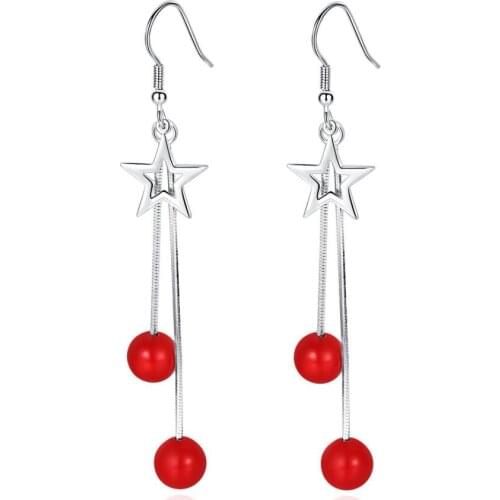 KOFSAC 2019 Fashion 925 Sterling Silver Earrings For Women Charm Hollow Star Red Beads Earring Jewelry Female Christmas Gifts
