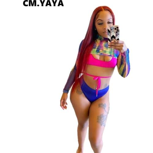 CM.YAYA Women Set Print Full Sleeve Crop Tops and Bandage Tanks Low Waist Shorts Three Piece Sets Sexy Swimsuit Summer Beachwear