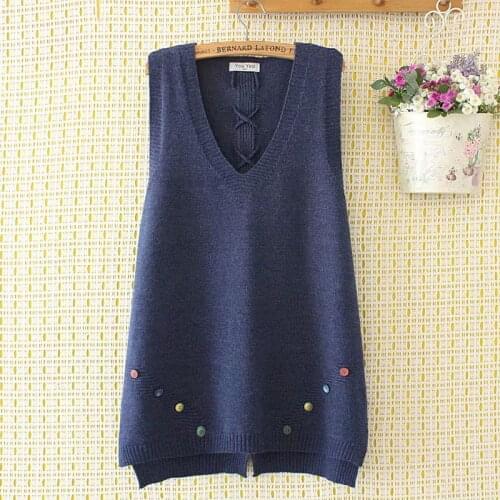 Plus size V neck Color buttons and Back Lace UP women loose sweater Vests 2021 new winter casual lady wool kniettd pullover tops