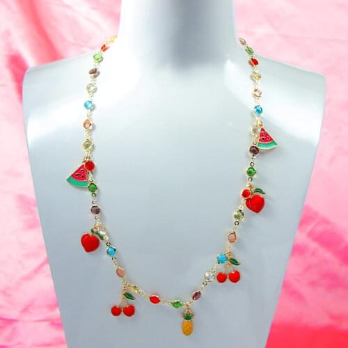 JUST FEEL Korean Cute Multicolor Bead Pendant Necklace for Women Fashion Cherry Watermelon Fruit Necklace Jewelry Party Gifts