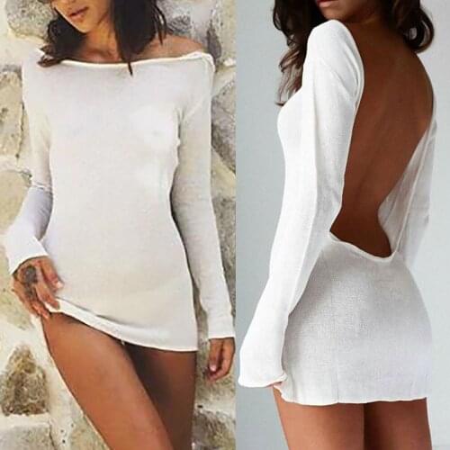 Women Sexy Solid White Beach Cover Up Sarong Summer Bikini Cover-Ups Pareo Beach Dress Mesh Backless Mini Dress S M L XL