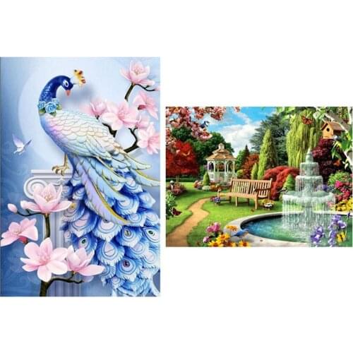 2 Set Diy Diamond Painting Kit Wall Sticker Home Decoration - Landscape Garden Pattern & Animal Peacock Pattern