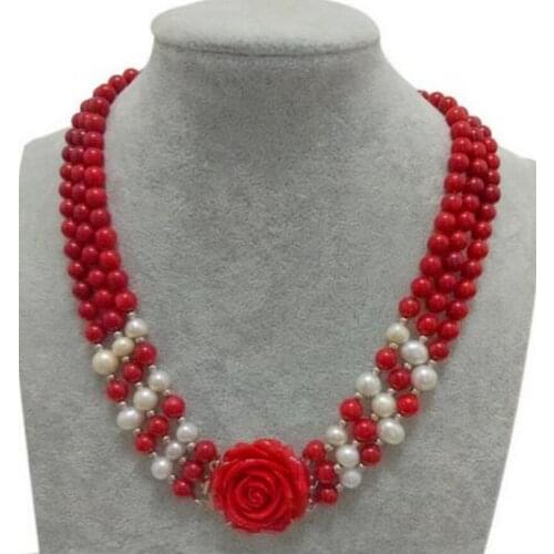 Free Shipping 3 Rows 7-8mm White Freshwater Pearls & Red Coral Beads Flower Clasp Necklace (17"-19")