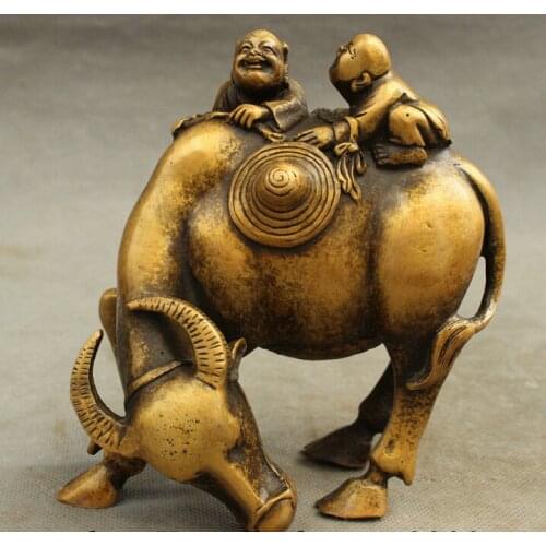 Free Shipping Folk Chinese Bronze 2 Kid Child Corydon Statue Ride Bull Ox Cattle Sculpture
