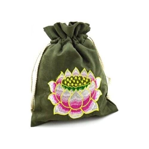 Large Leather Suede Embroidery lotus Jewelry Storage Bag China High End Thicken Drawstring Crafts Trinket Gift Packaging Pouch