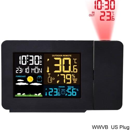 FJ3391 WWVB Radio Digital Clock Alarm US Pulg Barometer Forecast Wireless Projection Multifunctional LED Table Watch Clocks