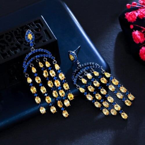 CWWZircons Stunning Blue Yellow Cubic Zircon Crystal Long Dangling Chandelier Tassel Bridal Wedding Earrings Prom Jewelry CZ941