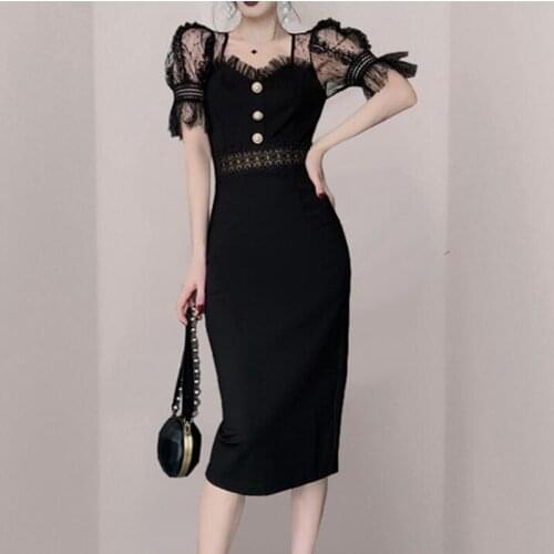ZAWFL Elegant V-Neck Single Breasted Lace Sweet Slim 2021 Chic Lady Hot High Waist Sexy Streetwear Summer Short Sleeves Dresses
