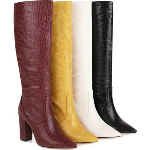 ZawsThia Yellow Sexy Ladies Pumps Winter Shoes Pointed Toe Block High Heels Knee High Booties Women Riding Boots Big Size 34-48