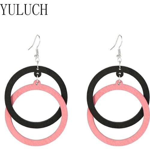 Kharisma Womens Natural Wood Round Pendant Earrings Womens Multicolor Double Round Wooden Jewelry Womens Party Gift Casual