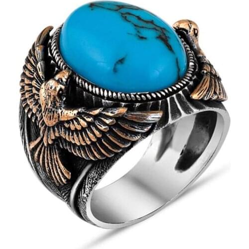 925 Sterling Silver Turquoise Stone Mens Ring with Eagle Exclusive Ring for Men Fashionable Ring Gemstone Silver Ring