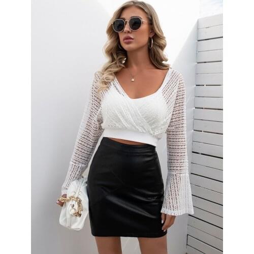 Crop Top Women Summer Fashion Lace Tops 2021 Flare Long Sleeve V Neck Blouse Shirt Black And White Ladies Clothes Casual Elegant