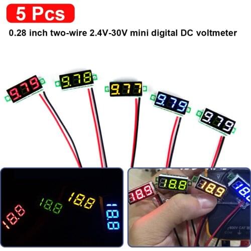5pcs Mini Digital DC Voltmeter 0.28 Inch Two-Wire 2.5V-30V Mini Digital DC Voltmeter Voltage Tester Meter 5 Colours