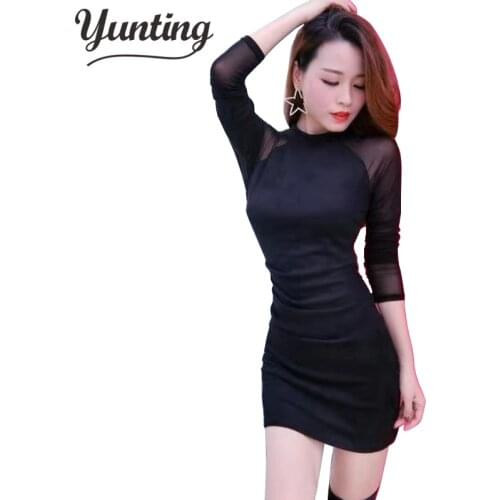Fashion Dress Women Vestidos Sexy Long Sleeve Mesh Patchwork Bodycon Casual Work Dress