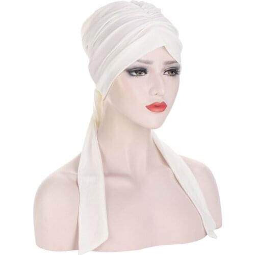 Fashion Women Ruffled Turban Cap With Bandage Hijab Caps Muslim Long Tail Headwrap Turbante Bonnet Femme Musulman Underscarf Cap