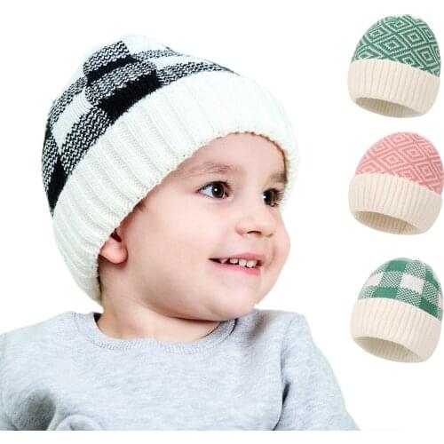Autumn Winter Warm Baby Hats Infant Boys Girls Solid Knitted Crochet Beanies Fashion Knit Hat Grid Beanie Cap Birthday Gifts