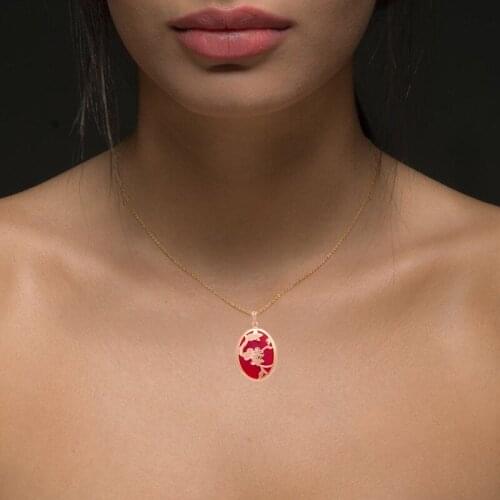 ROLILASON Fashion Red Zircon Crystal Design golden color Necklace Pendant Romantic Valentines Day Gift LN556