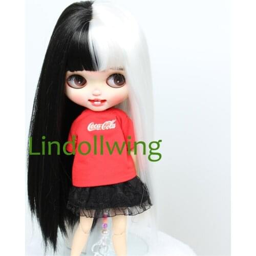 9-10 inch Blyth Wig Long Black and White Straight Hair