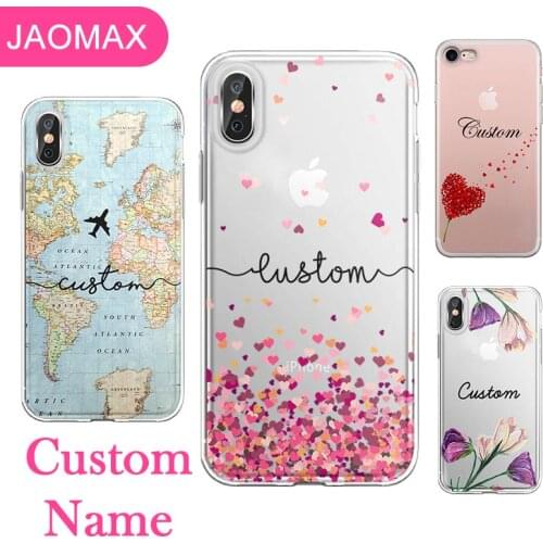 Personalized Custom Name World Map Case For iPhone 12 11 7Plus Xs Max SE 5s X 8 6s Xr Transparent Silicone Flower Heart Capa