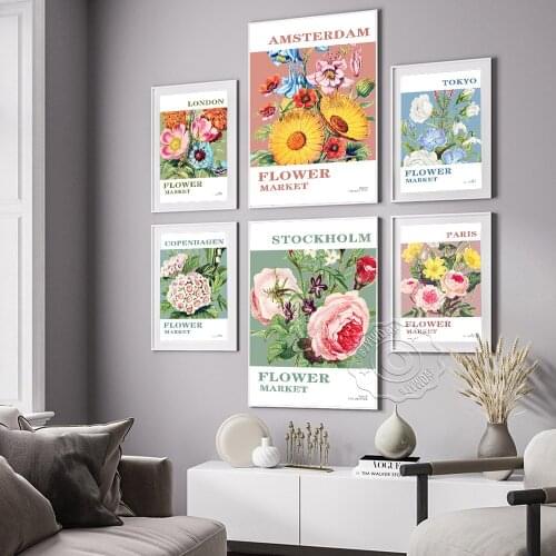 Flower Market City Poster, Flower Market Paris Copenhagen Tokyo London Art Prints, Vintage Floral Leaf Flower Shop Wall Decor